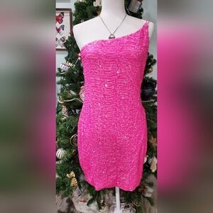 Hot Pink one Shoulder Sequins Mini Dress